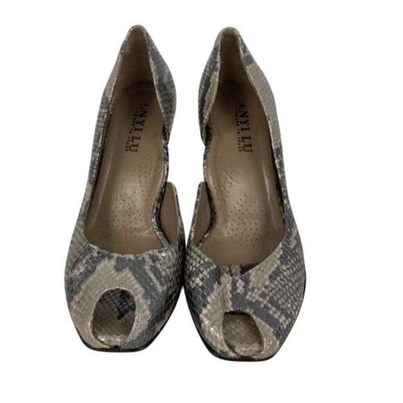 Anyi Lu Metallic Snakeskin Peep Toe High Heel Pumps 38.5